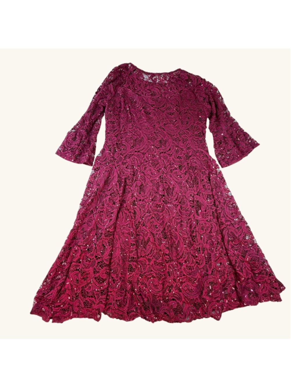 Chris McLaughlin Sequin Lace Midi Dress Women’s Size 16 Berry Bell Sleeve